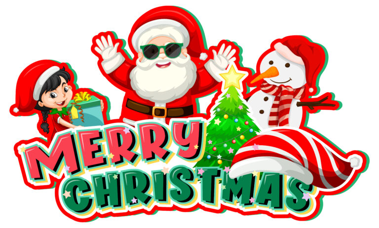 Merry Christmas banner with Santa Claus and snowman illustration